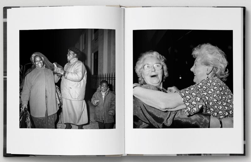 A spread from Roy Mehta's book Revival: London 1989-1993. In each photograph two people smile whilst holding one another.