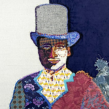 An colourful embroidery of a person wearing a large top hat and a smart patchwork jacket.