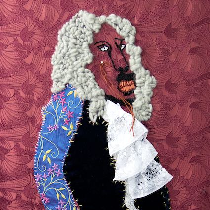 An embroidery of a person wearing a white judges wig and a black jacket with a large white ruffle down the front.